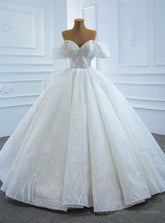 Amazing & Affordable White Ball Gown Tulle Sequins Off the Shoulder Floor Length Wedding Dress